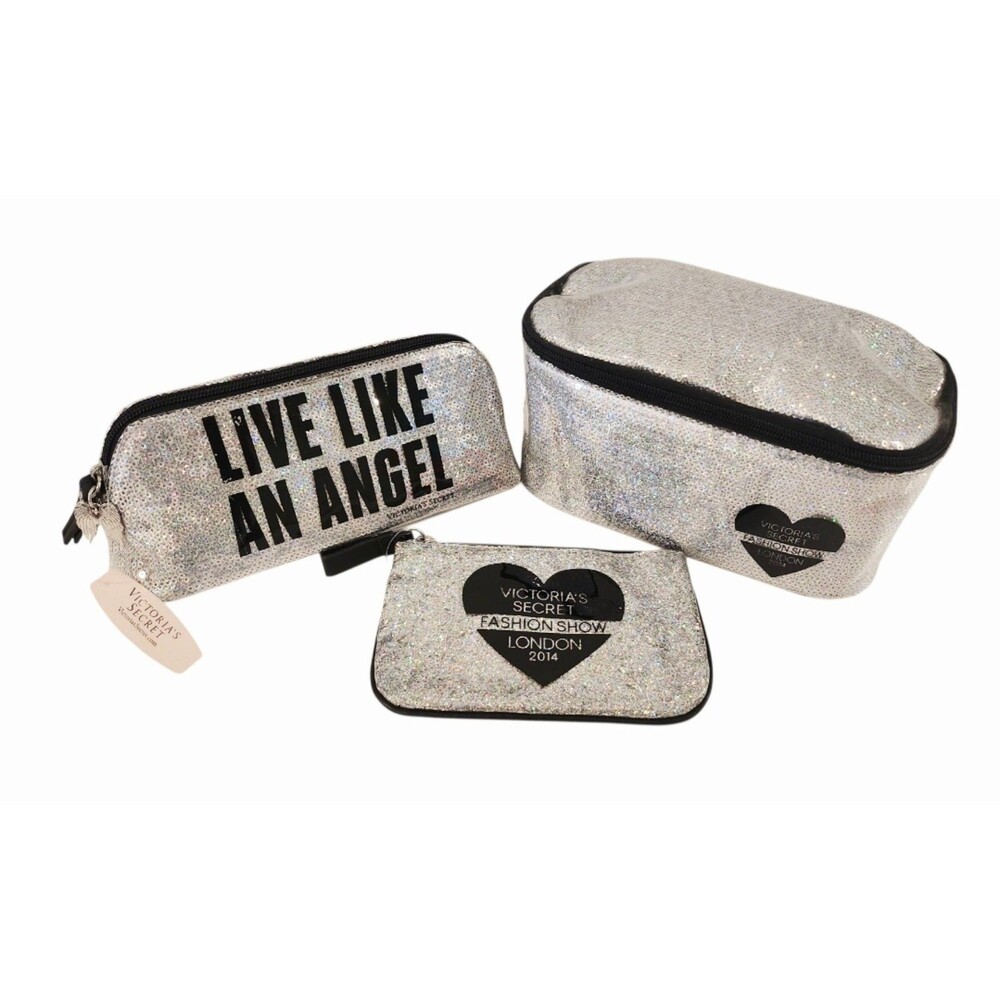 3pc VICTORIA SECRET MAKEUP TRAIN CASE cosmetic bag LIKE AN ANGEL pencil case NEW
